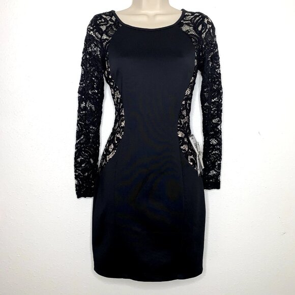 BCX Black Lace & Sequins CUT OUT ILLUSION Bodycon MINI DRESS Sz 5 Whimsigoth Y2K - Picture 3 of 6